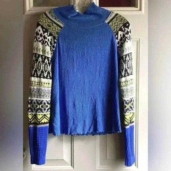 Free People Prism Sweater Blue Bell Combo Size S/P Classic Ribbed Turtleneck - Picture 4 of 12